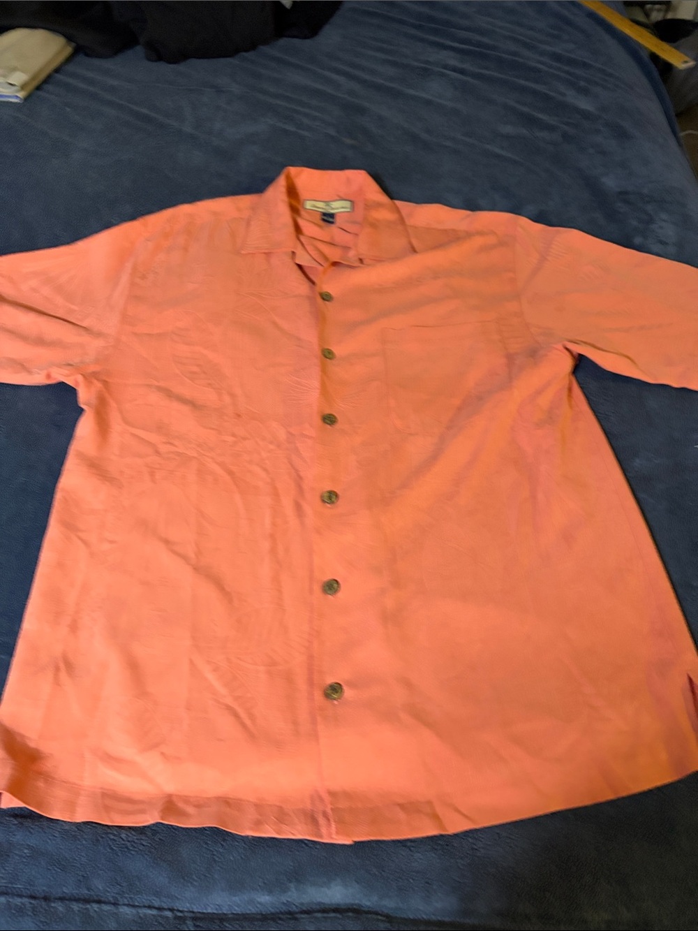 Men's Coral Tommy Bahama 100% Silk camp shirt.